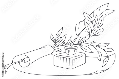 Goose feather, inkwell and parchment.