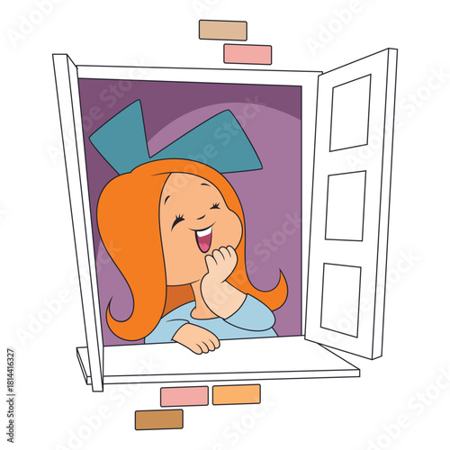 Cheerful girl smiling happily in window.