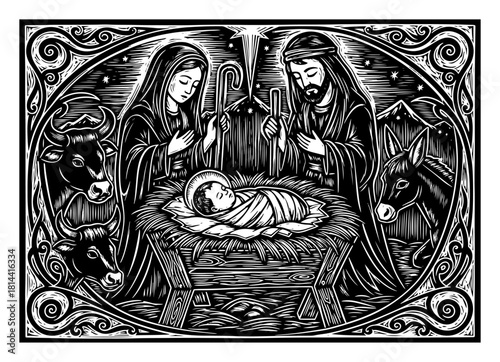 Hand drawn Nativity scene vector illustration depicting birth of Jesus Christ with Mary and Joseph in manger with farm animals in vintage linocut style