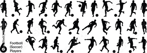 PrintComprehensive Vector Set of Football Soccer Player Silhouettes, Athletes Running and Kicking in Various Active Poses