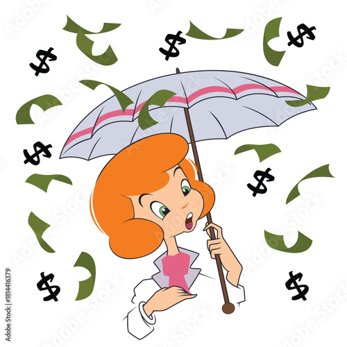 It's raining money over girl under an umbrella.