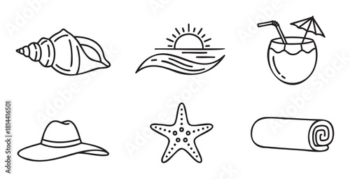 Collection of summer vacation icons in a minimalist black line art style, including a seashell, sunset, coconut cocktail, sun hat, starfish, and rolled towel