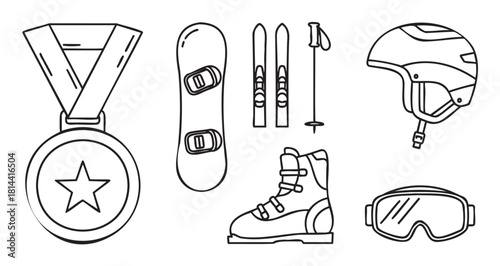 Collection of winter sports equipment icons, including skis, snowboard, helmet, goggles, and a medal, drawn in a black and white line art style