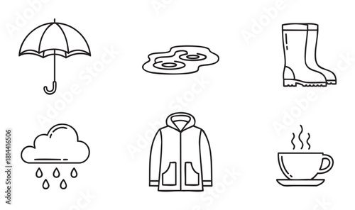 Set of six simple black and white outline icons for a rainy day, featuring an umbrella, puddle, rubber boots, rain cloud, jacket, and a steaming cup of coffee or tea