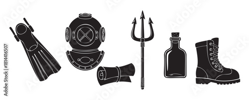 Set of black and white vector icons for a sea adventure, featuring a vintage diving helmet, trident, flipper, combat boot, scroll, and a bottle