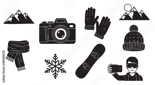 Collection of black and white silhouette icons representing winter sports and mountain travel, including a snowboard, camera, warm clothing, and a person taking a selfie