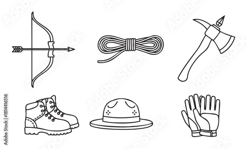 Minimalist collection of outdoor adventure gear icons, including a bow and arrow, rope, hatchet, hiking boots, ranger hat, and gloves in a clean black and white line art style