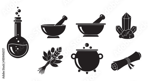 Set of black silhouette icons representing magic, alchemy, and witchcraft, including a potion, cauldron, mortar, herbs, crystal, and scroll