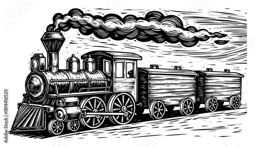 Old steam train locomotive with smoke and wagons Vector black and white woodcut style illustration