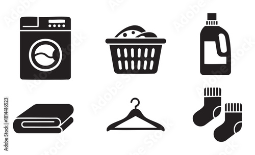 Minimalist black icon set representing laundry and household chores, featuring a washing machine, detergent, basket, and clothing items