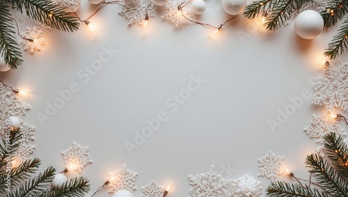Winter Decoration With Pine Branches, Snowflakes, and Lights on a White Backg...