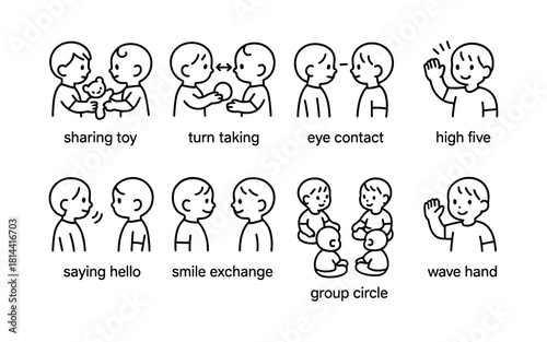 Simple line art illustrating children's social interactions and communication