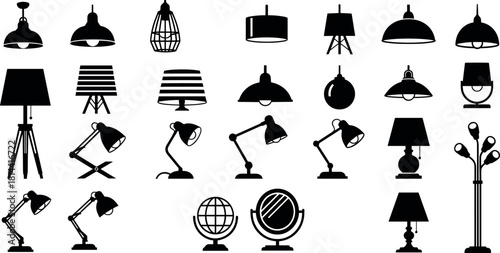 Diverse Lighting Fixtures Silhouette Collection, Including Desk Lamps, Floor Lamps, and Ceiling Lights, Home Interior Decoration Elements, Vector Set.