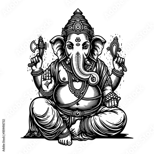 Lord Ganesha Sitting With Axe And Sweet Modak Line Art Vector Illustration