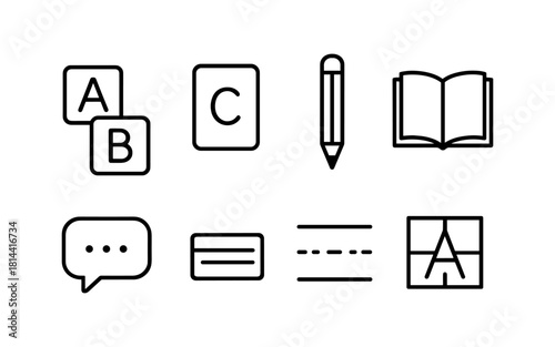 Simple educational icons: pencil, book, alphabet blocks, speech bubble, and text lines