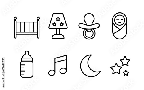 Minimalist baby essentials icons: crib, lamp, pacifier, swaddle, bottle, music note, moon, stars