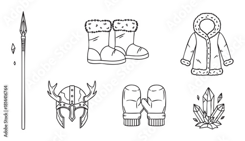 Hand-drawn set of black and white line art icons depicting fantasy adventurer equipment, including a horned helmet, spear, fur-lined parka, winter boots, mittens, and magic crystals