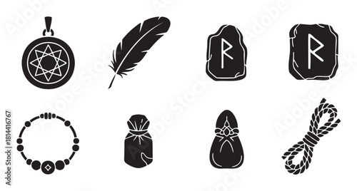 Set of minimalist black glyphs depicting pagan and witchcraft symbols, including a star amulet, runic stones, a feather, a bracelet, and other ritual objects