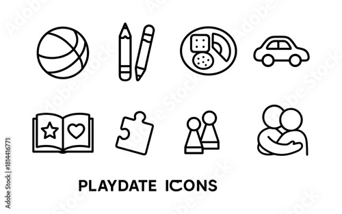 Playdate icon set: activities, games, and fun for kids in simple line art