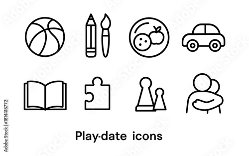 Play date icons set with ball, pencils, paint, fruit, car, book, puzzle, game pieces, and hug
