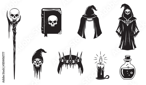 Bold black and white vector icon set of dark magic and fantasy elements, featuring a necromancer, skull staff, spellbook, wizard hat, evil crown, candle, and potion bottle