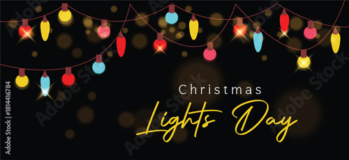 Celebrate Christmas Lights Day on December 1  illustration of colorful glowing trees with decorations and bold text on black background