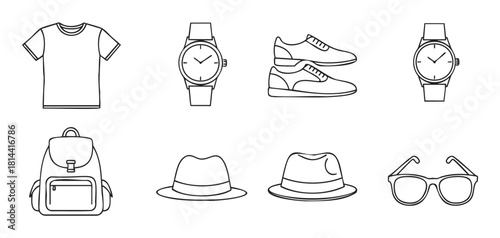 Collection of men's fashion and everyday accessory icons, including a t-shirt, watch, sneakers, backpack, hat, and glasses, illustrated in a clean black and white line art style