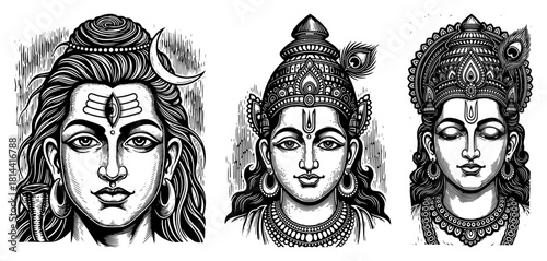 Hindu Gods Sacred Portrait Faces Vintage Line Art Vector Set