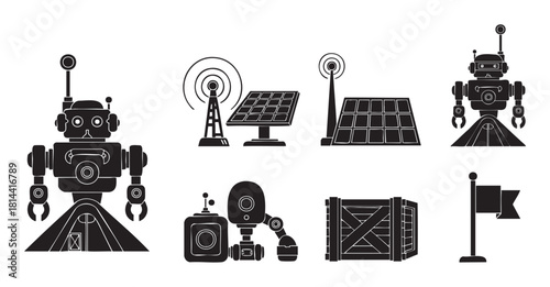 Collection of black silhouette icons for space exploration, featuring robots, a solar panel, an antenna, a crate, and a flag
