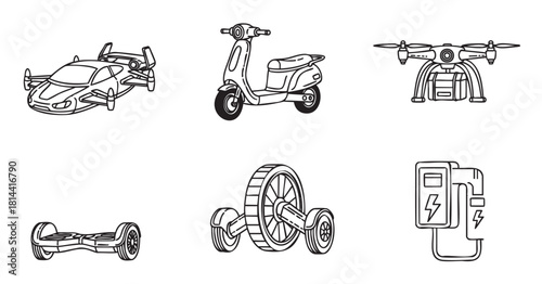 Set of hand-drawn line art icons featuring futuristic and modern electric transportation, including a flying car, drone, scooter, and charging station