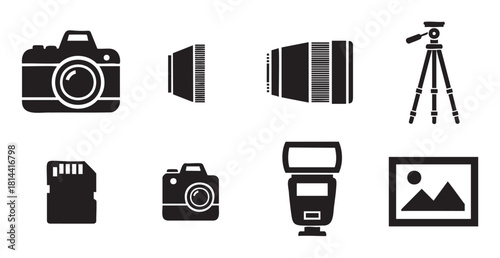 Set of black silhouette icons representing various photography equipment and accessories, including a camera, lens, tripod, and flash