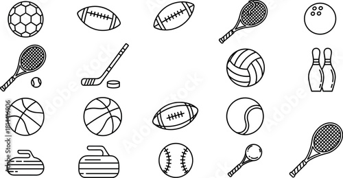Diverse Sports Equipment Outline Icons Set, Featuring Balls, Rackets, Hockey, and Bowling Gear, Fitness Game Line Art Vector Collection.