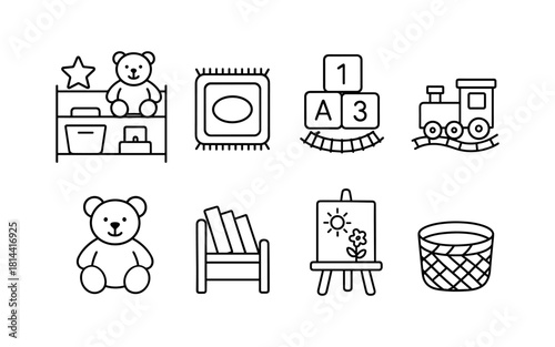 Children's toys and furniture icons: line art for playroom design