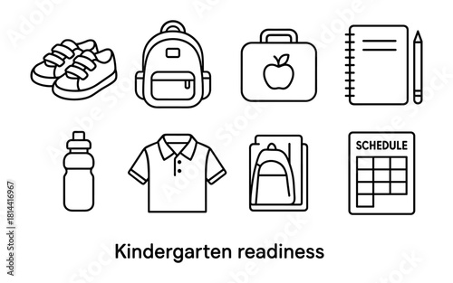 Essential items for kindergarten readiness in linear black style