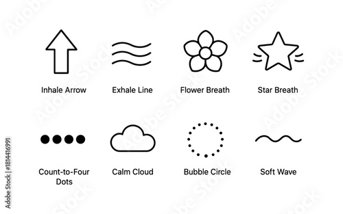 Minimalist breathing exercise icons with simple black lines for mindfulness