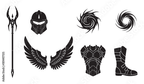 Collection of fantasy and sci-fi character assets in a black silhouette style, including a helmet, armor, boot, weapon, wings, and magical vortex symbols