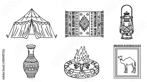 Hand-drawn line art illustrations of traditional desert life objects including a tent, ornate rug, vintage lantern, campfire, pottery, and a camel tapestry