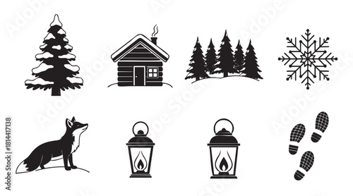 Collection of black and white winter-themed icons featuring a snowy pine tree, log cabin, forest, snowflake, fox, lantern, and footprints