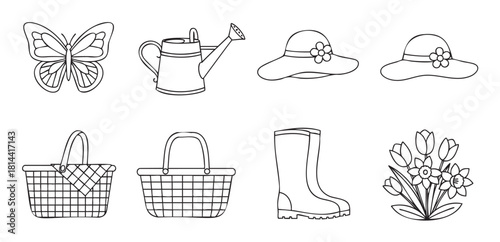Collection of spring and gardening themed icons in a simple black and white line art style, including a butterfly, watering can, sun hat, picnic basket, rubber boots, and flowers