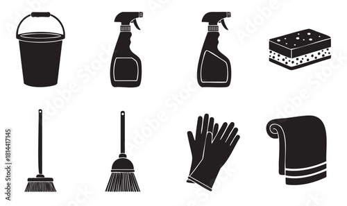 Collection of black silhouette icons representing various cleaning supplies and household tools, including a bucket, spray bottles, sponge, brooms, gloves, and a cloth
