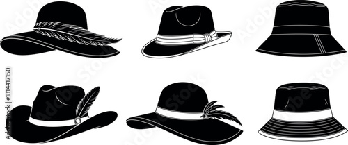 Diverse Women's Fashion Hat Silhouettes Vector Set, Featuring Sun Hats, Fedoras, and Decorative Headwear, Elegant Retro Style Accessories Collection.