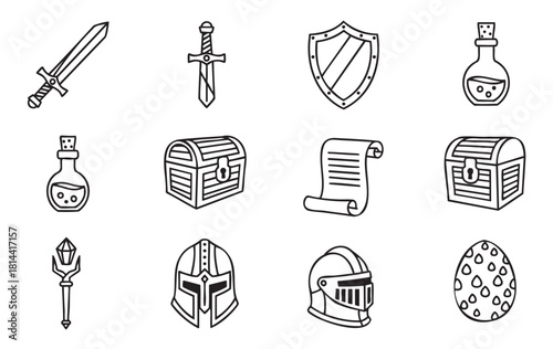 Set of black and white line art icons featuring medieval fantasy elements like swords, shields, potions, and treasure chests