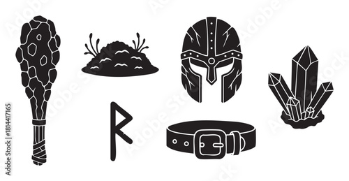Minimalist black silhouette icon set of medieval fantasy RPG items, including a battle-worn helmet, a primitive club, a magical crystal, an ancient runic symbol, and a leather belt