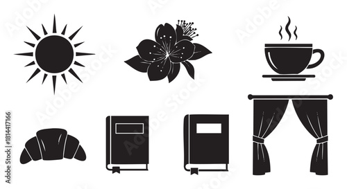 Set of black silhouette icons representing a pleasant morning routine, including a sun, flower, hot coffee, croissant, books, and window curtains