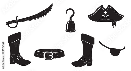 Collection of black silhouette pirate accessories including a hat with a skull and crossbones, a cutlass sword, a hook, boots, a belt, and an eyepatch