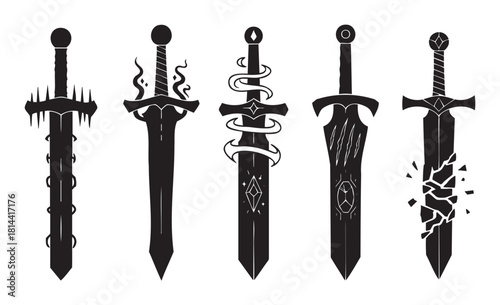 Collection of five magical fantasy swords with unique designs, including icy, fiery, and shattered blades, presented as black silhouettes for a video game or RPG concept