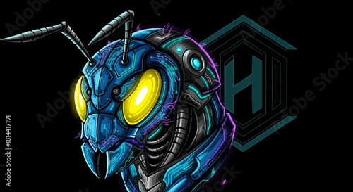 A robotic insect head mascot with glowing yellow eyes and metallic blue details against a black background with a logo.