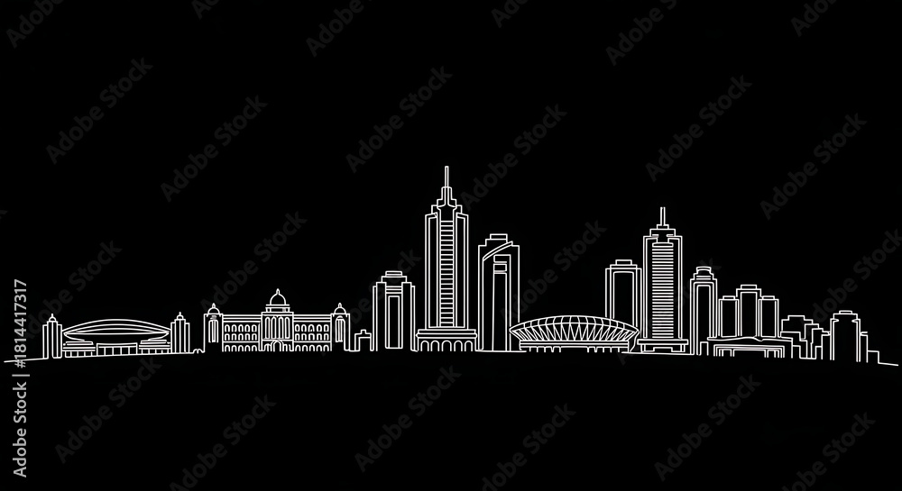 Fototapeta premium Ahmedabad India Skyline Illustration in White Line Art on Black Background Featuring Iconic Temples, Modern Buildings, Urban Silhouette, Minimalist Monochrome Cityscape