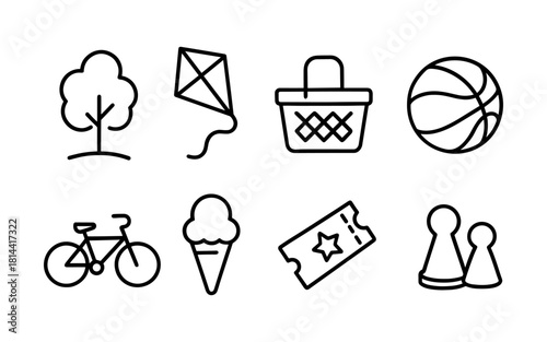 Simple line icons of recreational activities for outdoor fun and play