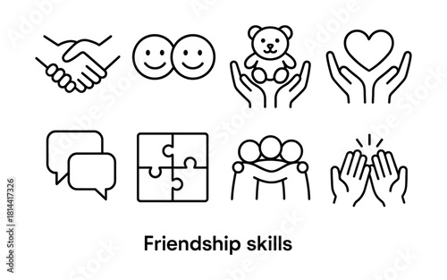 Linear icons representing friendship skills and emotional support
